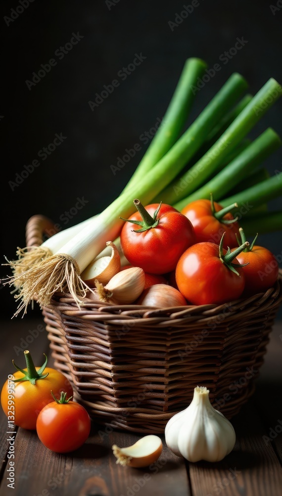 Rustic basket overflowing with vibrant spring onions, tomatoes, garlic , red, basket Rustic basket overflowing with vibrant spring onions, tomatoes, garlic , red, basket