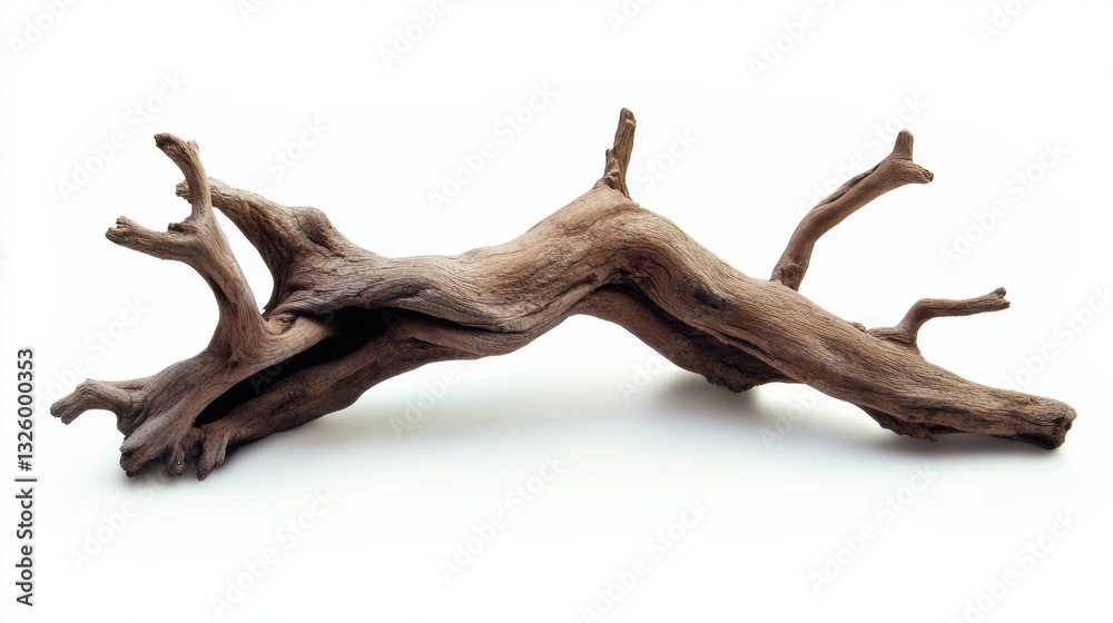 Fototapeta premium A beautifully twisted piece of driftwood resting on a white background, showcasing its natural curves
