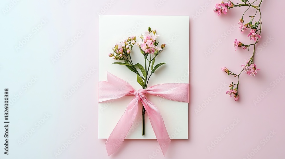 a greeting card of ivory colour, flat with perfect edges, not torn or crumpled. On the postcard there's a bunch of first spring flowers tied with a pink ribbon. Natural colours, realistic a greeting card of ivory colour, flat with perfect edges, not torn or crumpled. On the postcard there's a bunch of first spring flowers tied with a pink ribbon. Natural colours, realistic