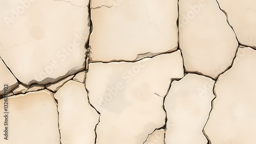 cracked wall with creamcolored background, cracks jagged and uneven, creating textured surface photo