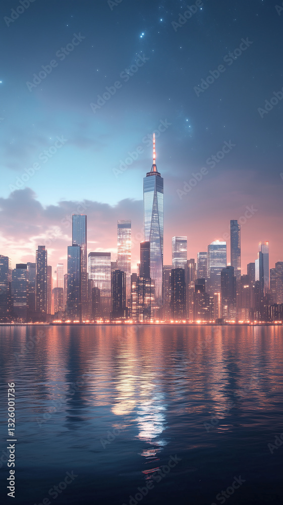 Fototapeta premium A stunning futuristic city stretching into the sky, with neon lights shimmering under a cosmic backdrop, evoking a sci-fi dream. 