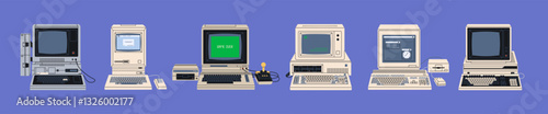 Set of retro desktop computers. Old pc machines with outdated monitors, old-fashioned keyboards, obsolete joystick and mouse. Vintage technology, equipment of 80s. Flat isolated vector illustrations