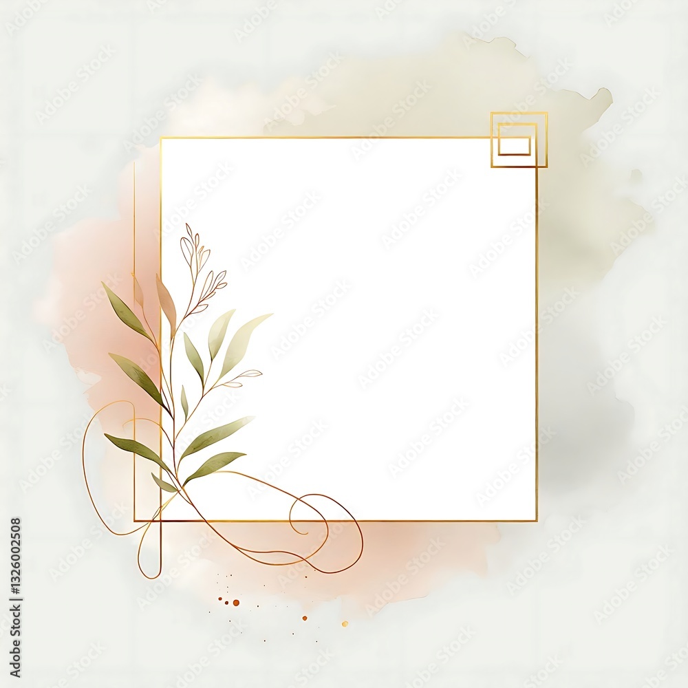 white square logo frame with gold border and green leaves on watercolor background, decorated intricate details, giving luxurious elegant look, vibrant green, adding pop of color to background white square logo frame with gold border and green leaves on watercolor background, decorated intricate details, giving luxurious elegant look, vibrant green, adding pop of color to background