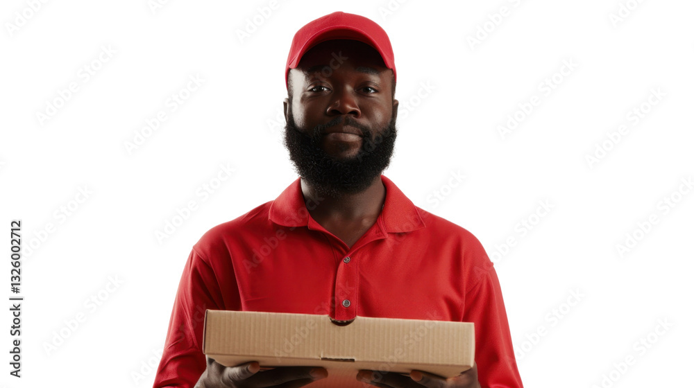 Delivery man holding pizza box on transparent background Delivery man holding pizza box on transparent background