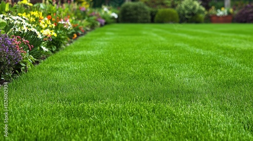 Wallpaper Mural Freshly Mowed Lawns A lush, freshly cut lawn extending into the distance, bordered by colorful flowerbeds and trees, creating a picturesque suburban scene. Torontodigital.ca
