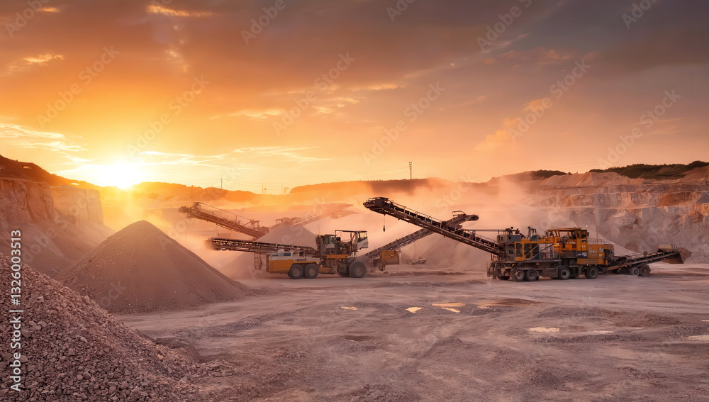 Dust rises as large machinery works in a quarry under a vibrant orange sunset. Trucks transport materials, and conveyors sort crushed stone for building projects