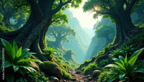 Giant ferns and towering trees in a vibrant prehistoric jungle , science, environment, paleobotanical