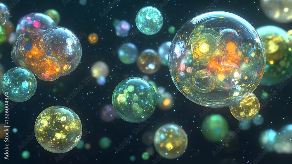 Naklejka premium Spheres float with vibrant internal designs in space. Tech or science background