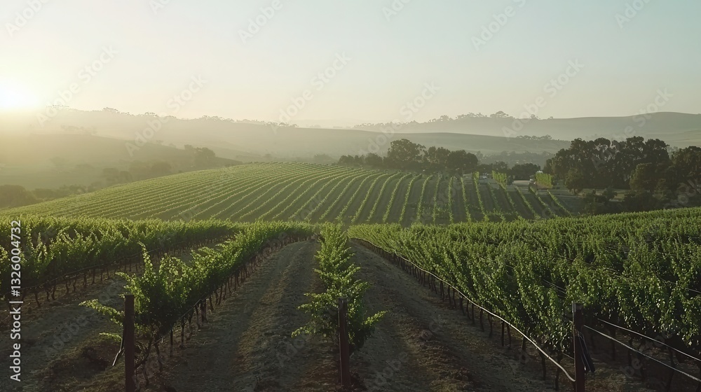 Obraz premium Serene Vineyard at Sunrise Rolling Hills and Lush Green Vines