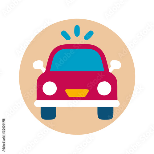 Cute red car with headlights on