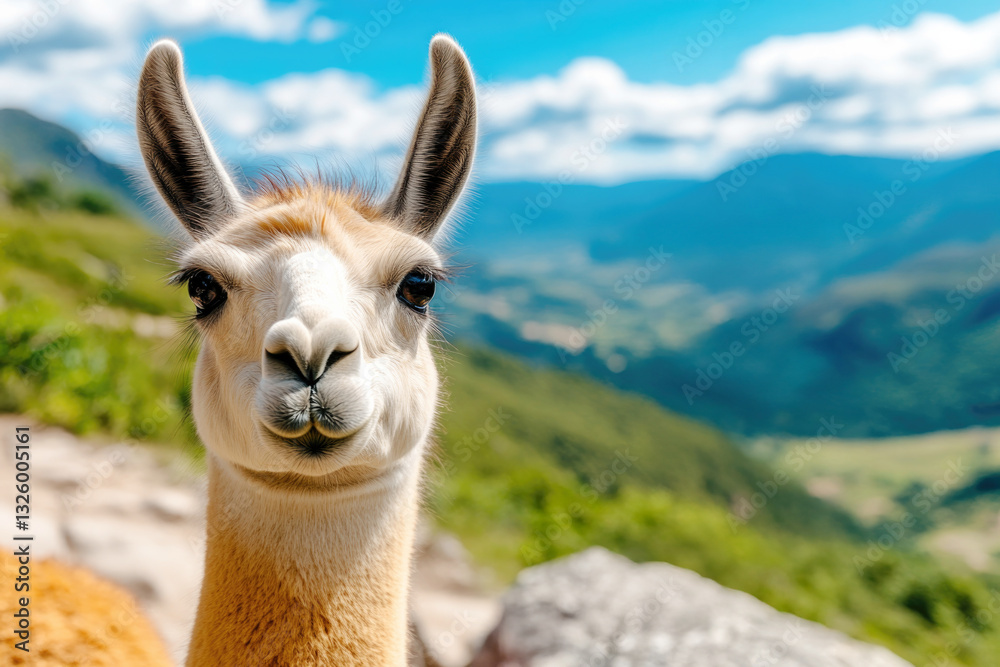 Obraz premium Majestic llama in sunny mountain landscape for nature appreciation and tranquil settings