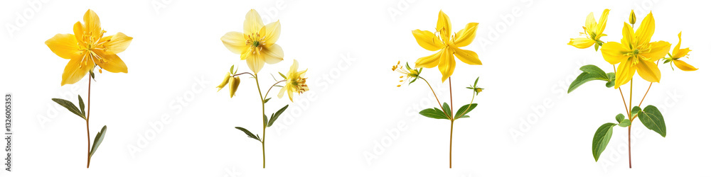 Golden columbine flower isolated on transparent background, PNG, Set of Golden columbine flower isolated on transparent background, PNG, Set of