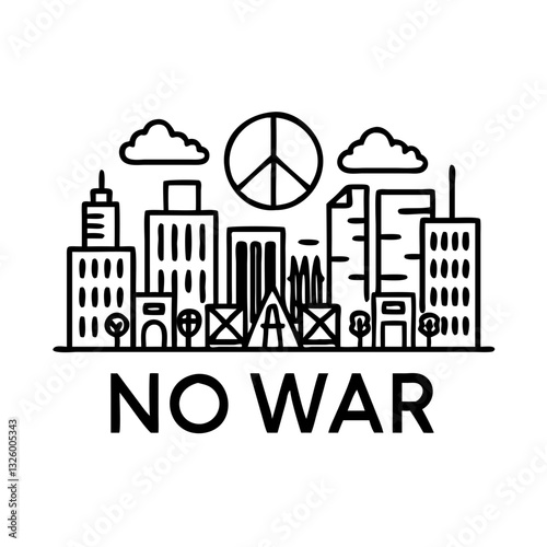 No war protest with black and white city skyline