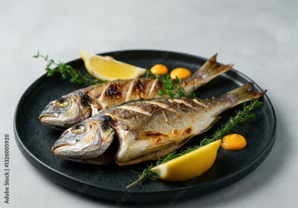 Grilled fish served on a black plate with lemon and herbs Grilled fish served on a black plate with lemon and herbs