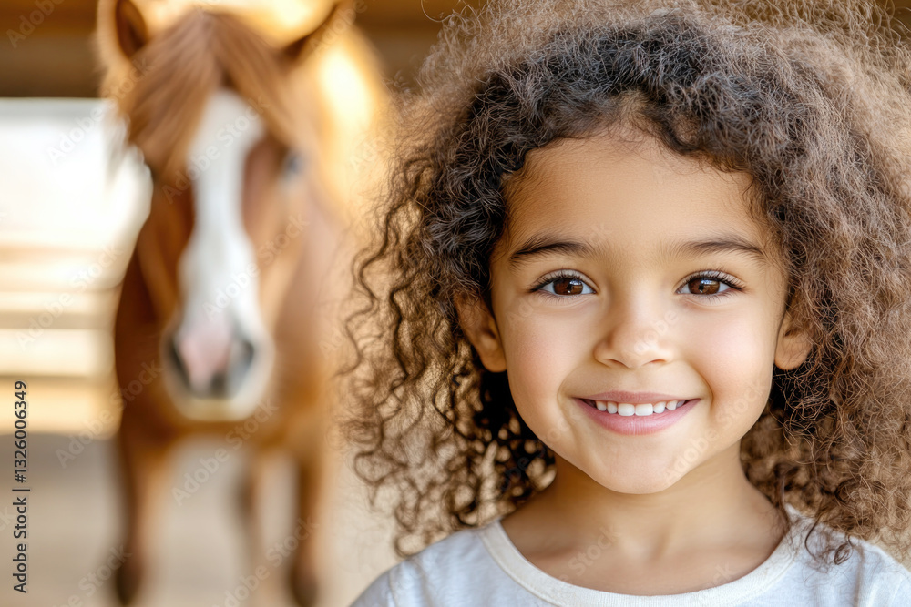 Joyful child with horse in barn setting emphasizing connection and friendship Joyful child with horse in barn setting emphasizing connection and friendship