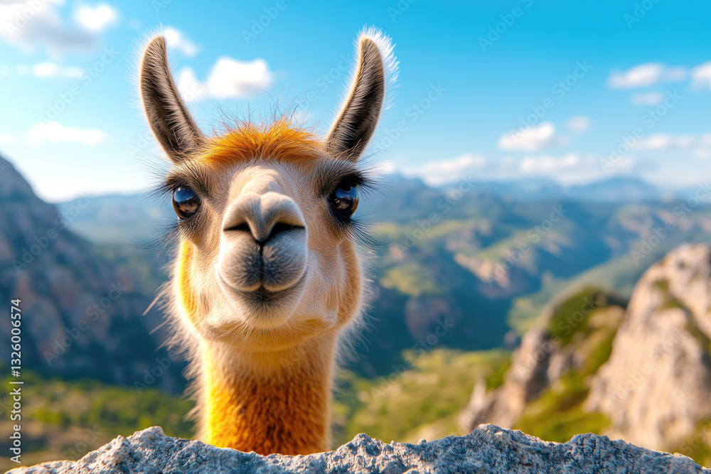 Obraz premium Curious llama in mountain landscape under blue sky for animal photography and nature lovers