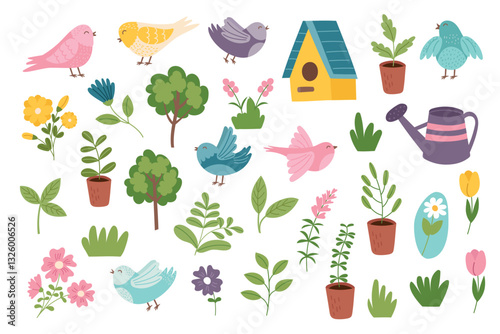 Spring and gardening cliparts collection. Spring objects isolated on white background. Spring and Easter concept elements. Vector hand drawn illustration.