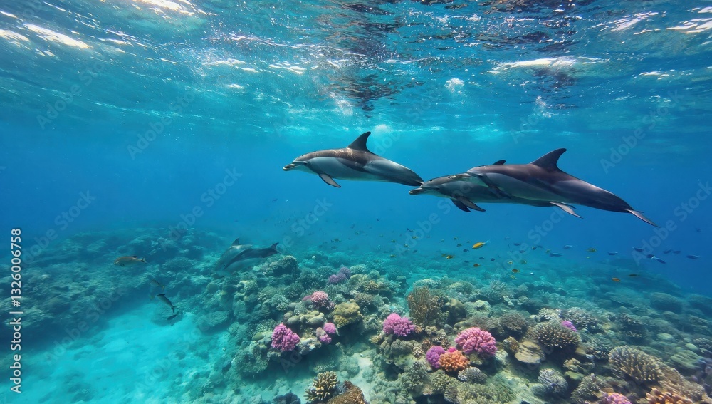 Obraz premium Two dolphins glide through the turquoise waters, showcasing their sleek bodies as they navigate above colorful coral reefs filled with marine life, creating a serene underwater landscape