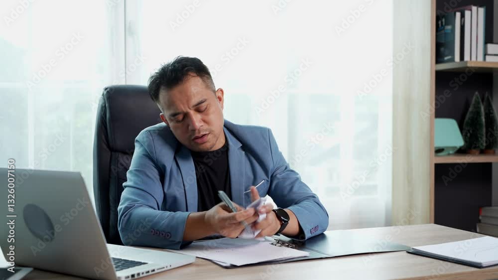 Medium shot, Businessman Write on document, then crumple it up and throw away in frustration. The desk is neatly organized with laptop, calculator, and some documents Medium shot, Businessman Write on document, then crumple it up and throw away in frustration. The desk is neatly organized with laptop, calculator, and some documents