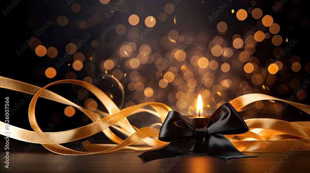 A golden ribbon lies elegantly on a black surface, surrounded by golden fireworks, enhancing the festive mood of a celebration