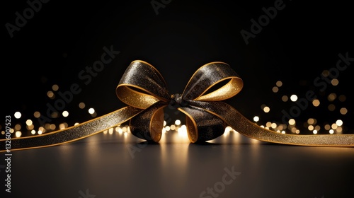 Stylish golden ribbon rests on a black background, capturing attention alongside sparkling golden fireworks, perfect for celebrations or events