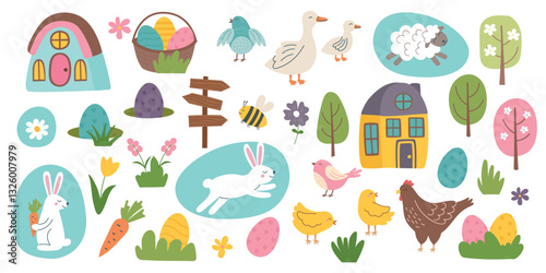 Easter cliparts collection. Easter objects isolated on white background. Easter concept elements. Vector hand drawn illustration.
