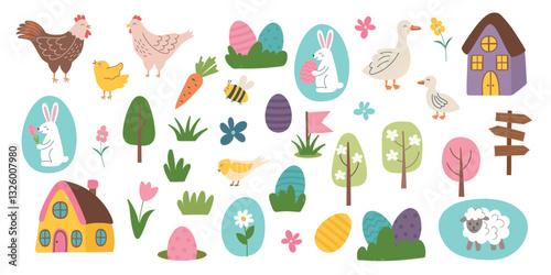 Set of Easter cliparts isolated on white background. Easter objects. Easter concept elements. Vector hand drawn illustration.
