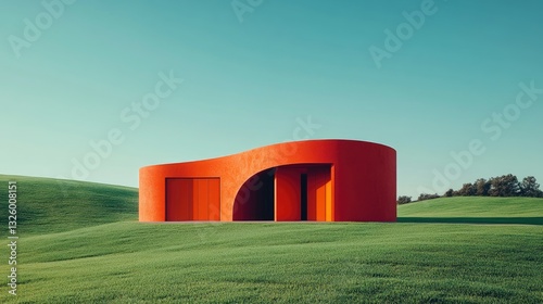 Obraz na płótnie Soft blue sky and lush green meadow create a serene backdrop for a grand wide orange doorway, inviting a sense of calm and simplicity w salonie