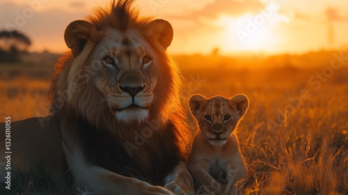 Lion and Cub at Sunset in the Savannah