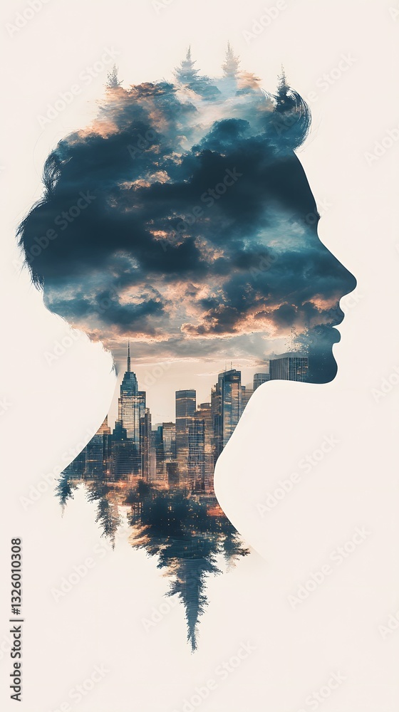 double exposure of a person's profile silhouette overlaid with a cityscape, representing thoughts or dreams. A city with buildings inside a person's head double exposure of a person's profile silhouette overlaid with a cityscape, representing thoughts or dreams. A city with buildings inside a person's head