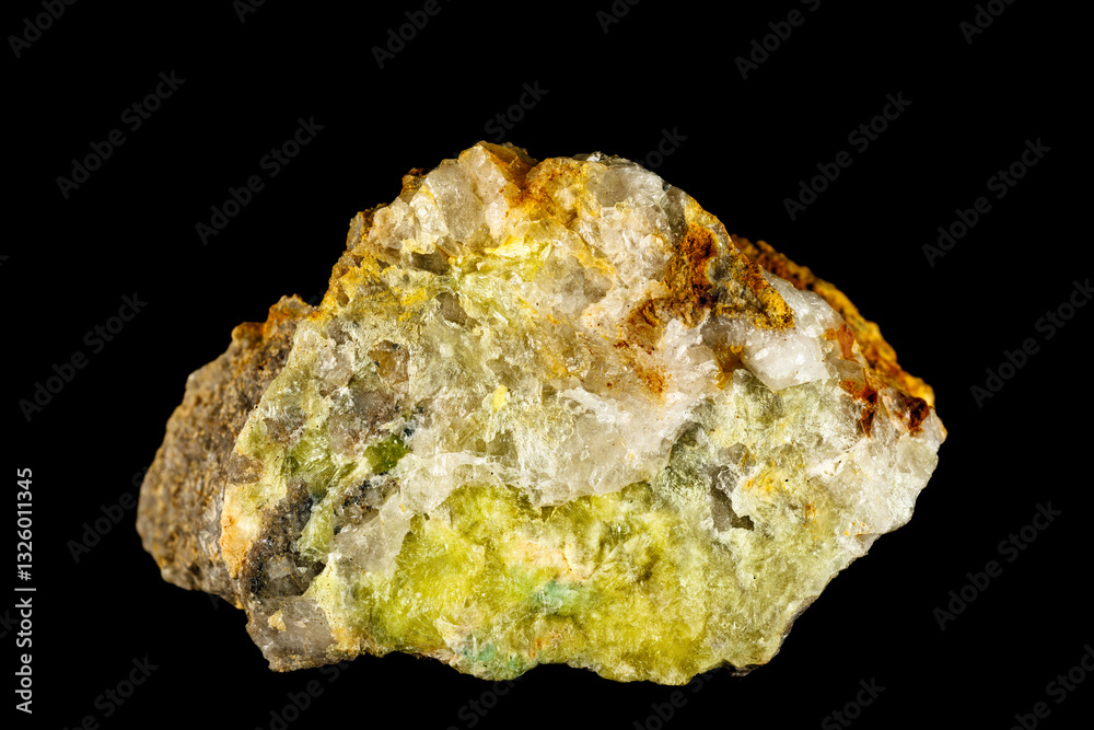 Wavellite mineral specimen with green and white crystal formations on a rough stone matrix. Wavellite mineral specimen with green and white crystal formations on a rough stone matrix.