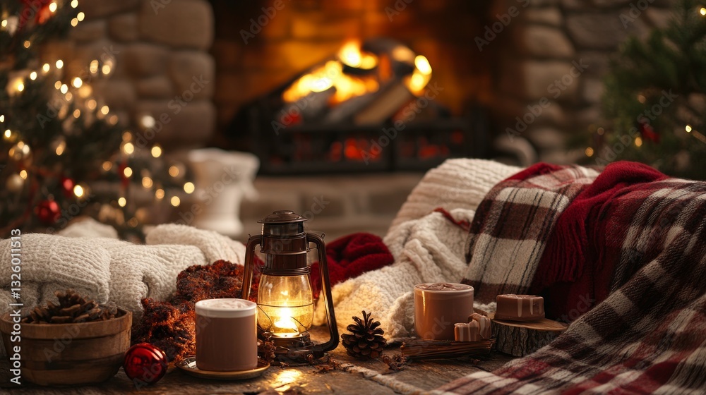 Cozy Winter Scene with Candle Lantern and Hot Drinks by Fireplace Cozy Winter Scene with Candle Lantern and Hot Drinks by Fireplace