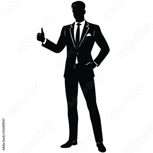 A silhouette of a man in an elegant, tailored suit with a slim physique, standing tall with a confident posture.  