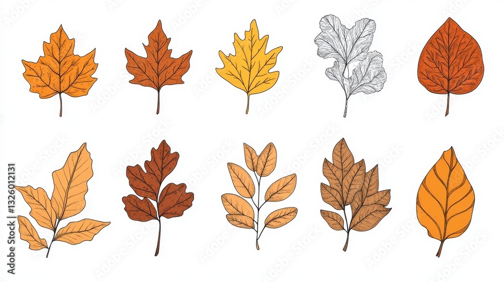 116.A hand-drawn collection of autumn leaves, including maple, oak, and birch, illustrated with intricate doodle details. The leaves are in warm tones of orange, yellow, and brown, arranged on a 116.A hand-drawn collection of autumn leaves, including maple, oak, and birch, illustrated with intricate doodle details. The leaves are in warm tones of orange, yellow, and brown, arranged on a