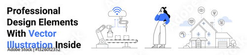 Robot arm automating tasks, person contemplating technology, connected smart home icons. Ideal for technology, innovation, automation, smart home, AI, future design flat landing page banner