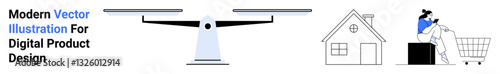 Seesaw balancing between home and digital shopping, showcasing life equilibrium and convenience. Ideal for e-commerce, home lifestyle, online shopping, balance, minimalism, modern design, flat