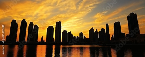 The cityscape silhouetted against the vibrant orange and yellow sky at dusk