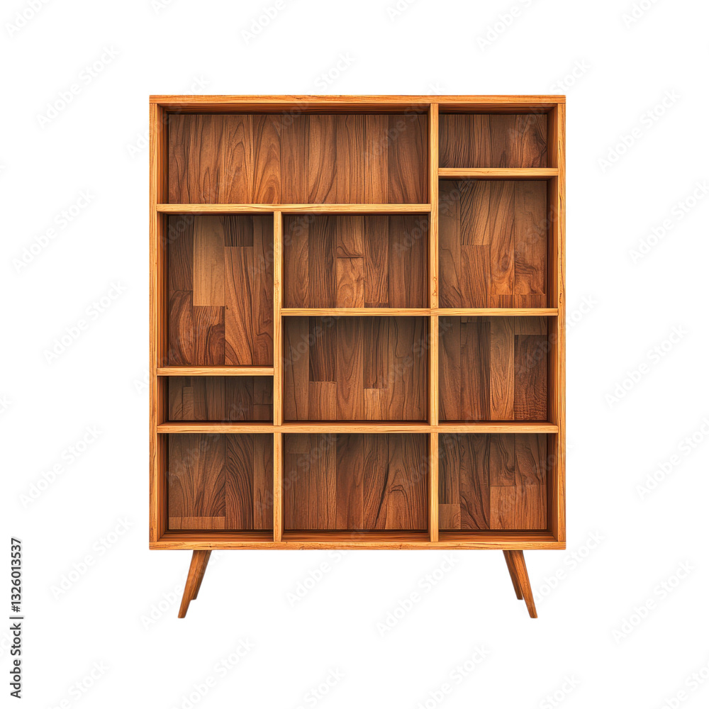 Wooden bookshelf with shelves on a transparent background. Concept of furniture, storage, and interior design. Wooden bookshelf with shelves on a transparent background. Concept of furniture, storage, and interior design.