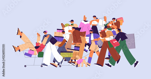 Crowd of customers with carts, bags buys goods in store. Lots of buyers, shopaholics with trolleys, pack make purchases in market. Concept of Black Friday sale. Flat isolated vector illustration