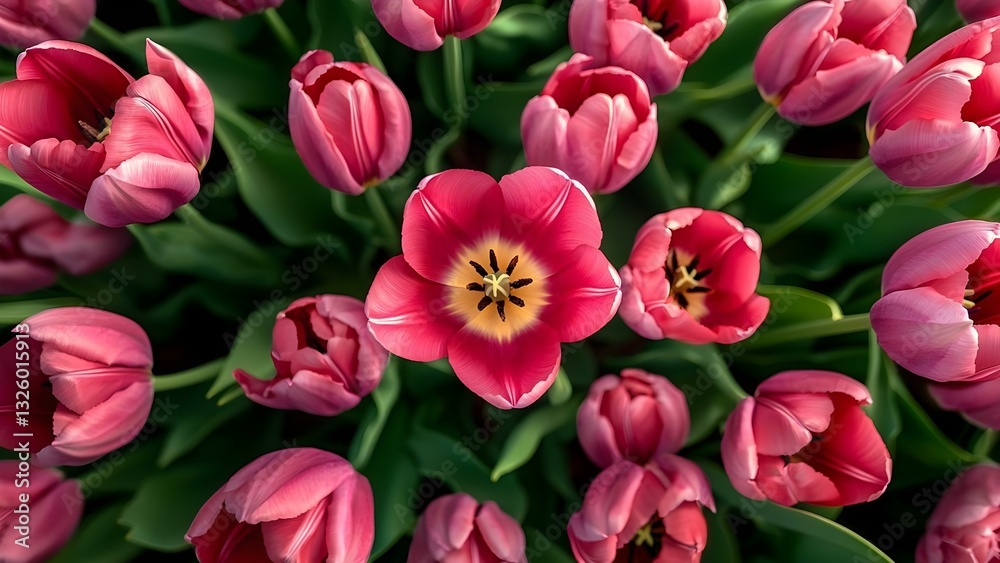 Obraz premium A vibrant arrangement of pink tulips, with one distinct flower displaying a central yellow pattern among the others. Concept Vibrant Tulip Arrangement, Pink Tulips, Unique Flower Pattern