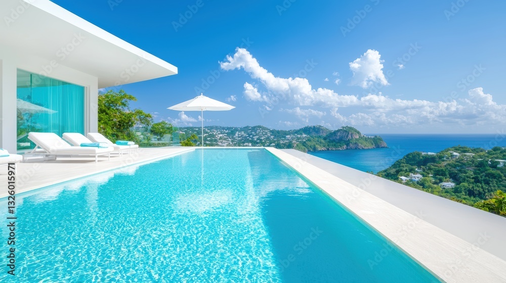 Fototapeta premium Luxury Infinity Pools Infinity pool overlooking a breathtaking ocean view, with luxurious lounge chairs and umbrellas, creating a sense of exclusivity and tranquility.