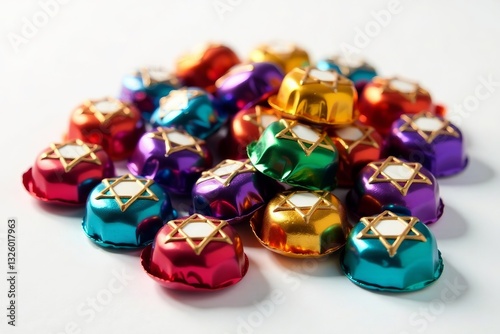 Colorful pile of Hanukkah gelt chocolates in shiny wrappers on white background, Jewish, tradition, festive
