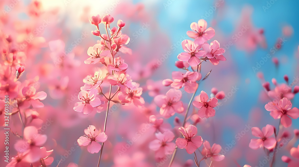 Delicate Pink Blossoms Bloom Vibrantly Against a Soft Blue Sky, Creating a Dreamy Springtime Scene. Delicate Pink Blossoms Bloom Vibrantly Against a Soft Blue Sky, Creating a Dreamy Springtime Scene.