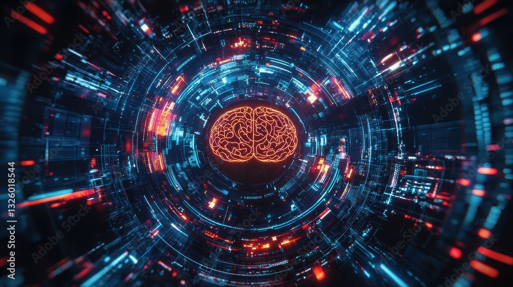 Obraz premium Neon cybernetic interface showcasing futuristic ai brain design