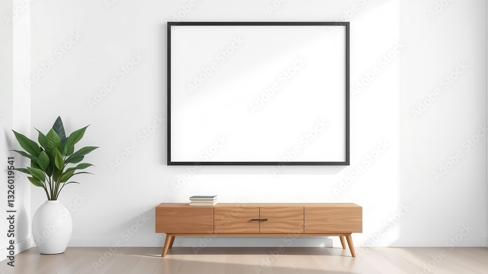 Fototapeta premium A modern office wall art mockup featuring a sleek black frame against a white background, background, white, modern