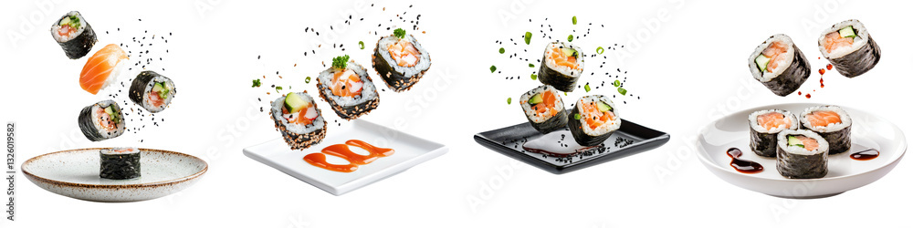 Assortment of freshly prepared sushi rolls with seafood vegetables and rice displayed on a table alongside traditional Japanese culinary elements such as soy sauce wasabi and chopsticks