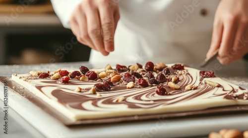Fototapeta Naklejka Na Ścianę i Meble -  A chef decorates a chocolate dessert with nuts and dried fruits, showcasing culinary skill and creativity in a professional kitchen.