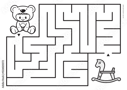 Vector printable maze for a very young child. Format A4. Coloring book educational maze with little baby in teddy bear costume. Size landscape.
