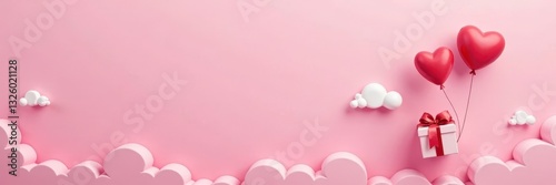 Flying gift and heart balloon over clouds Pink background paper craft style, illustration, design