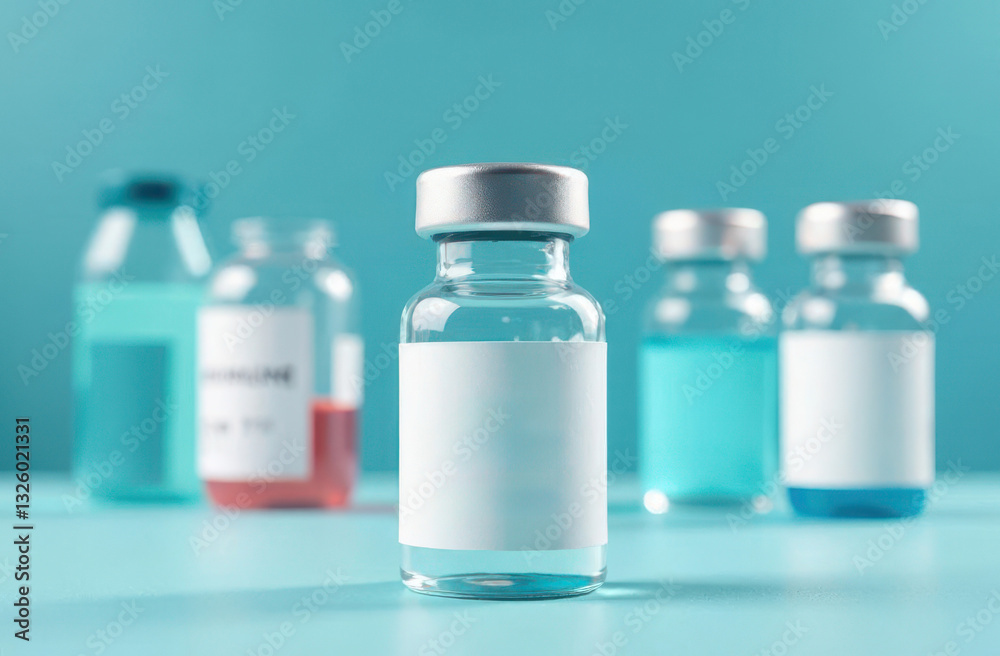 Vials of vaccines displayed on a turquoise surface for healthcare purposes Vials of vaccines displayed on a turquoise surface for healthcare purposes